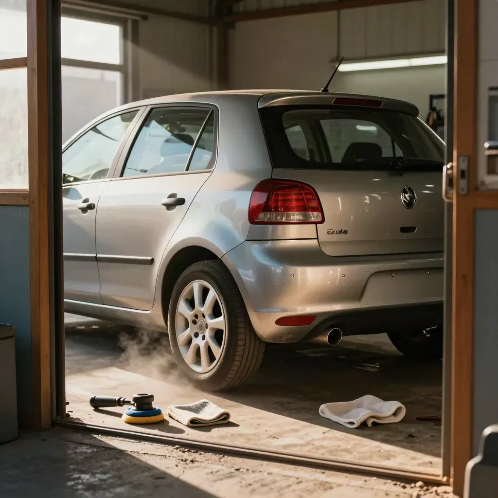 Compacte hatchback met herstelde achterbumper en verse metallic lak bij de werkplaatsdeur.
