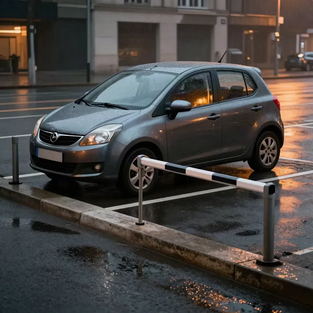 Compacte auto in een nat parkeervak bij schemer, met opgetrokken slagboom en lege boeteruimte.