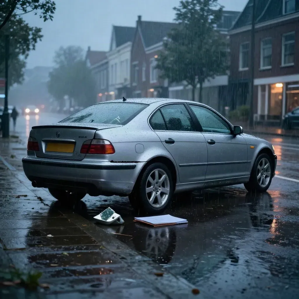 Beschadigde zilveren stationwagen langs natte weg, met regen, amber licht en reflecties.