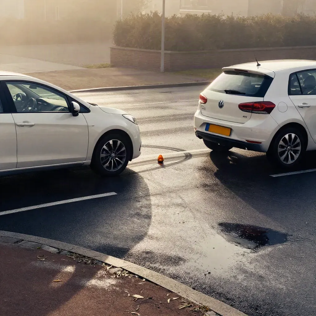 Twee stilstaande auto’s op een kruispunt, met een gevallen reflector en remspoor in mistig wegdek.