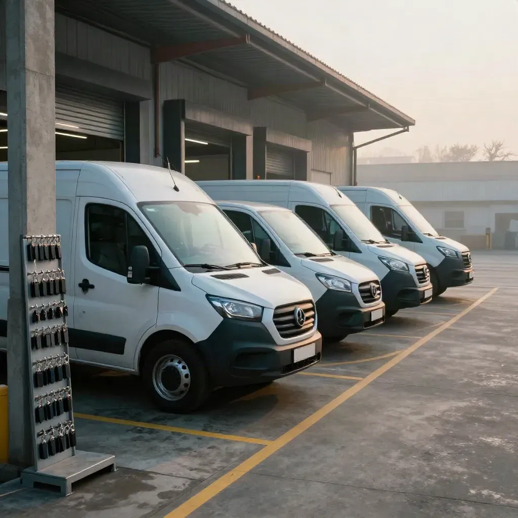 Drie bestelbusjes in een depot met sleutelhaken en mistig ochtendlicht