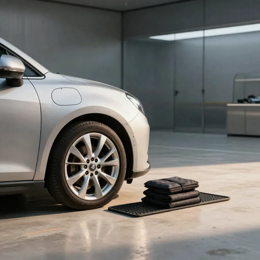 Teruggebrachte leaseauto in een strakke handover-bay met gereinigd wiel en netjes gestapelde accessoires.