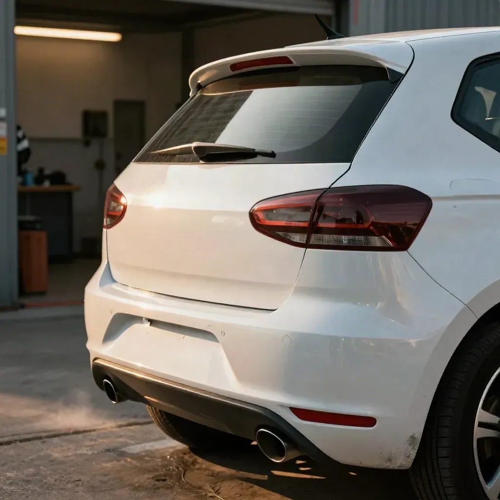 Witte hatchback met herstelde achterdeur en bumper bij een bodyshop in warm namiddaglicht.