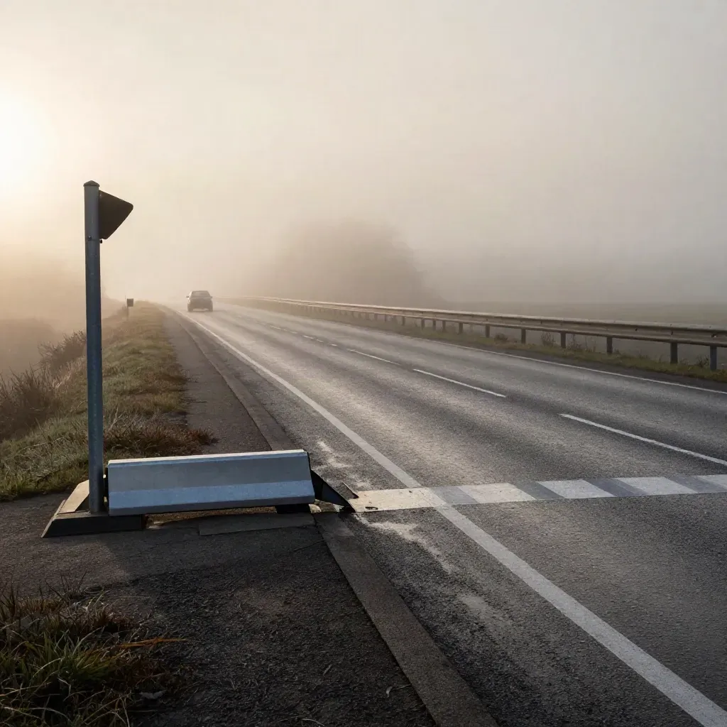 Lege snelwegstrook bij zonsopgang, mist, open rijbaan en een auto in de verte.