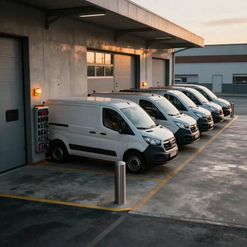 Netjes opgesteld wagenpark bij depot met sleutelrek en amber servicebaken in avondschemering.