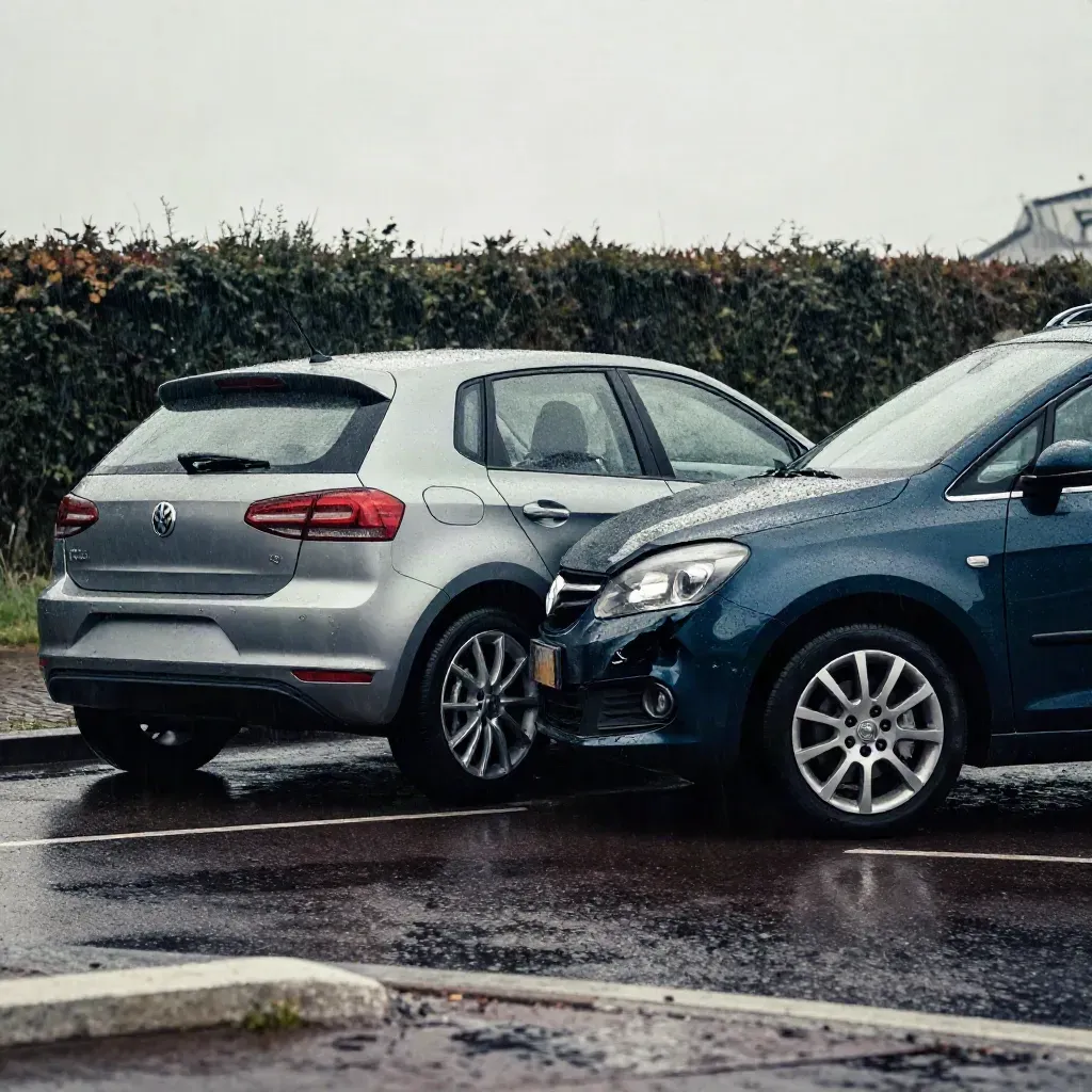 Twee auto’s na een kop-staartbotsing in regen, stil en netjes opgelost langs de weg.