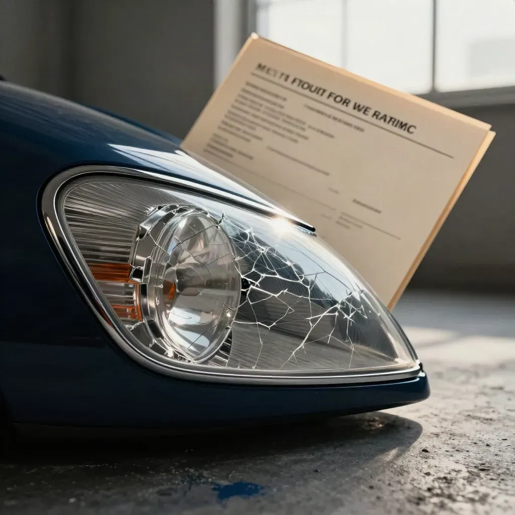 Gebarsten koplamp, verzekeringsmap en chromen sierstrip op donker beton in dramatisch licht.