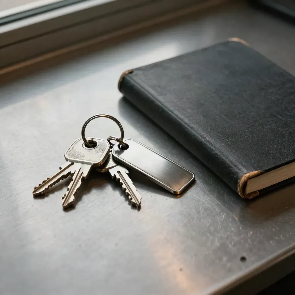 Van-sleutels, metalen label en gesloten logboek op geborsteld staal.