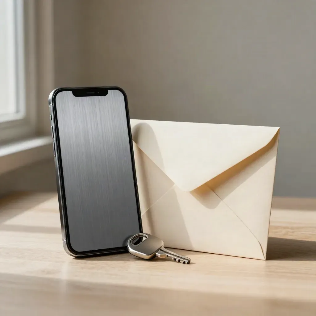 Face-down smartphone naast autosleutel en geklemde envelop op licht hout.