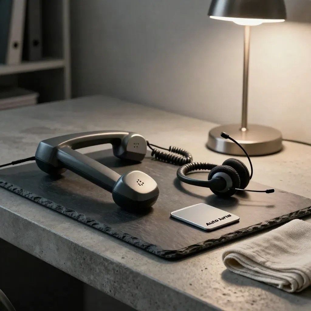 Donkere tray met telefoonhoorn, headsethouder en mappen naast een bureaulamp.