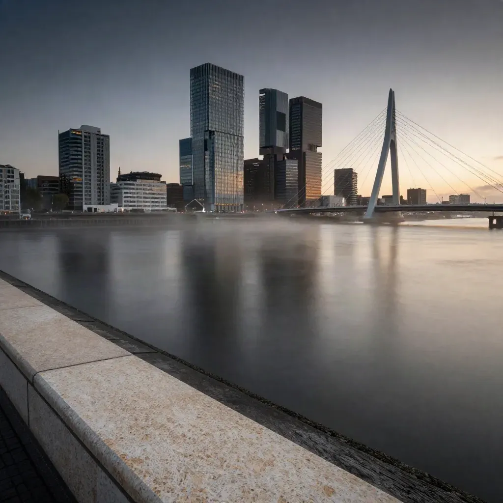 Rotterdamse skyline en Erasmusbrug boven kalm water in de Randstad bij blauw uur