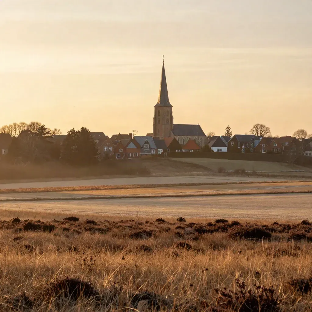 Zonsondergang boven Noord-Brabant met kerktoren, heide en daken in warme nevel.