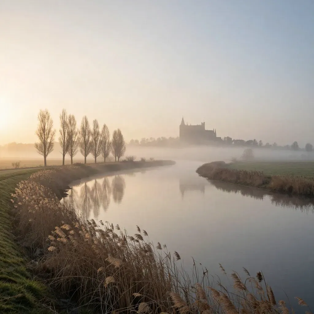 Mistige rivierbocht in Gelderland met populieren en een vaag kasteelsilhouet bij zonsopkomst