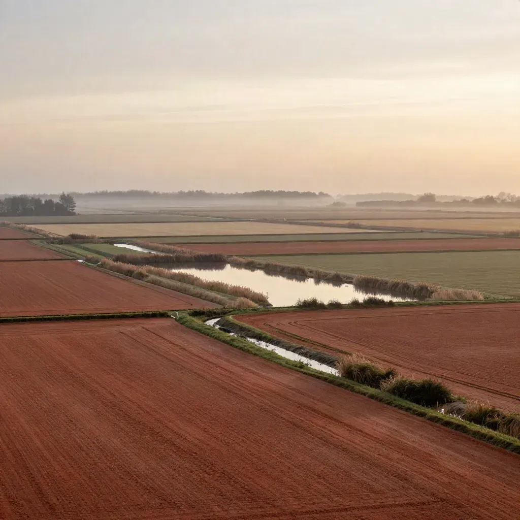 Stil Nederlands landschap met dijken, watergangen en mistige ochtendhemel